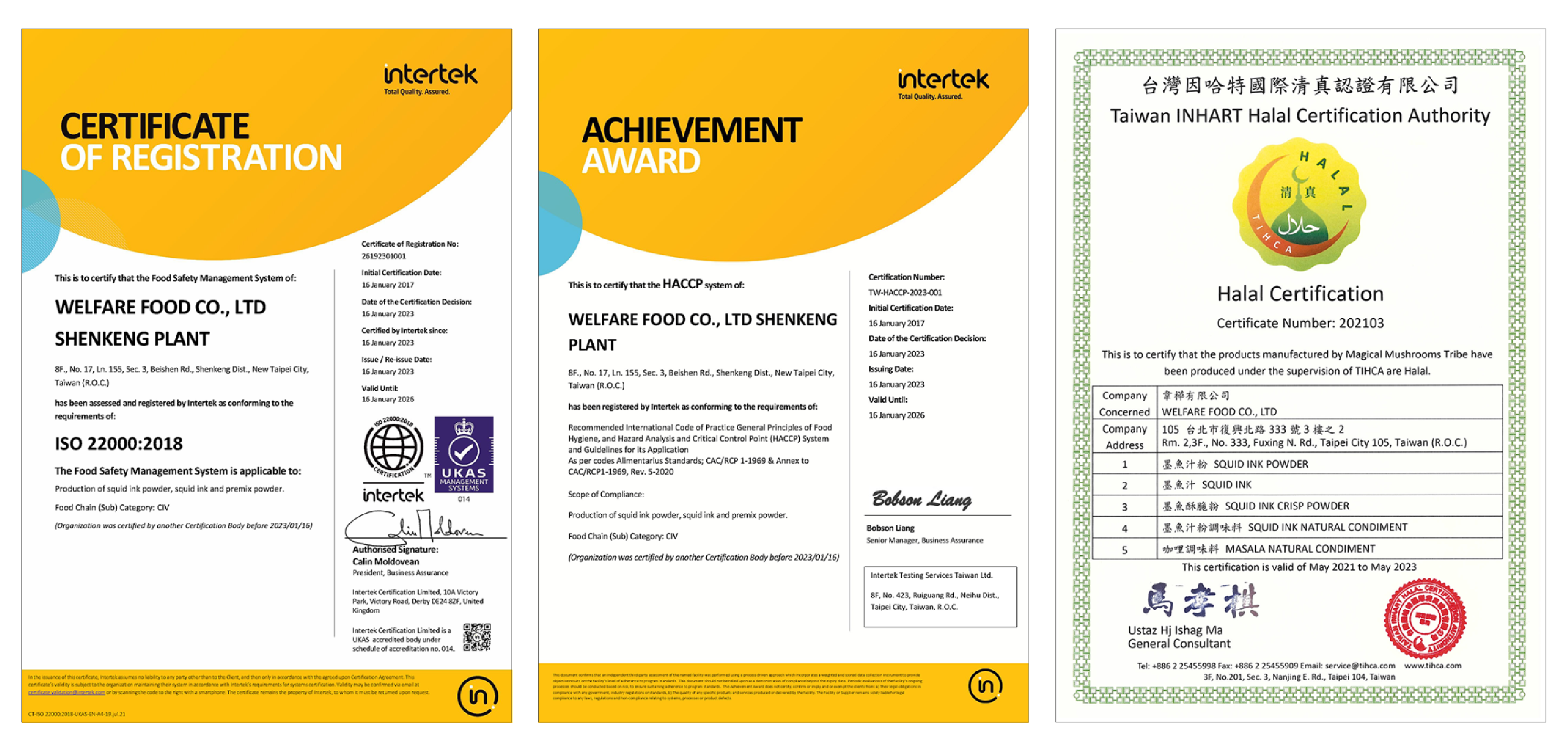 Three official certificates (ISO22000, HACCP, and Halal) demonstrating BlackHut’s globally recognized food safety and quality standards