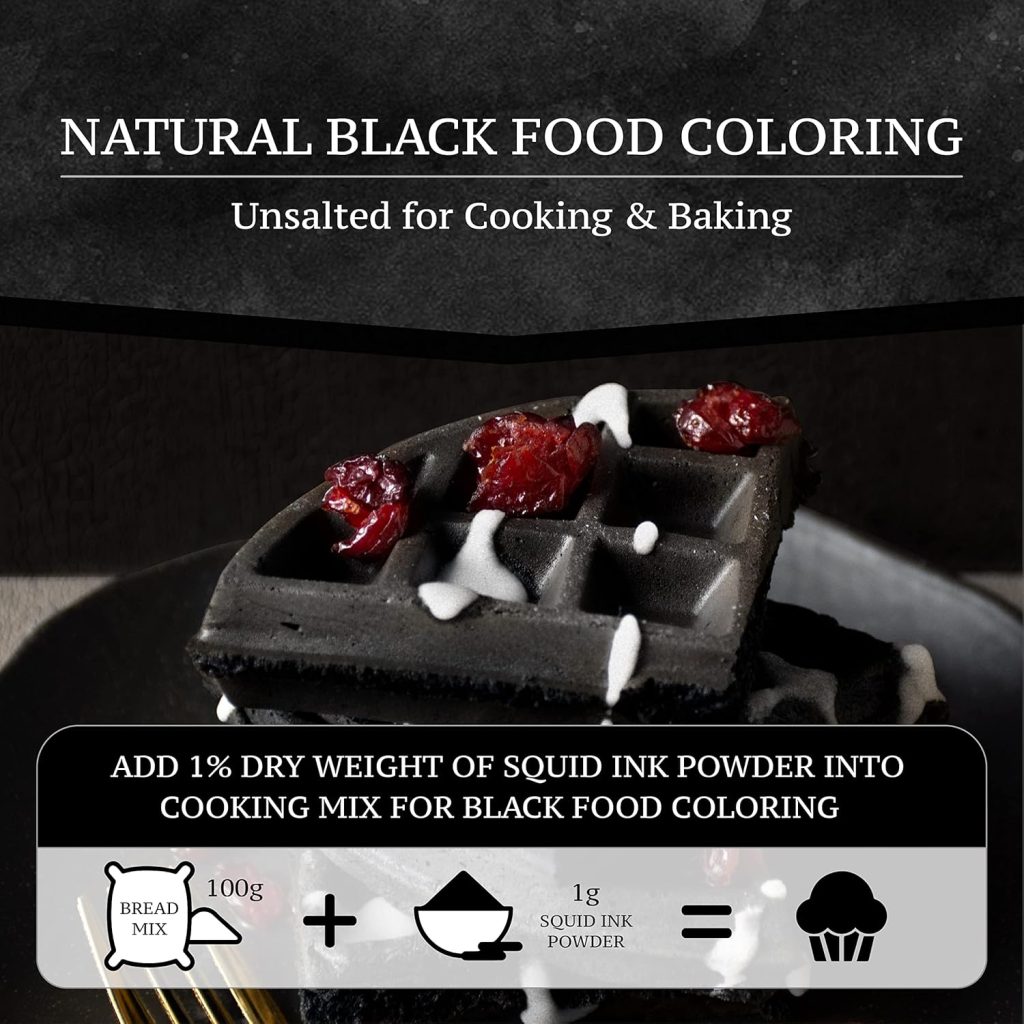 Add 1% dry weight of squid ink powder into cooking mix for black food coloring