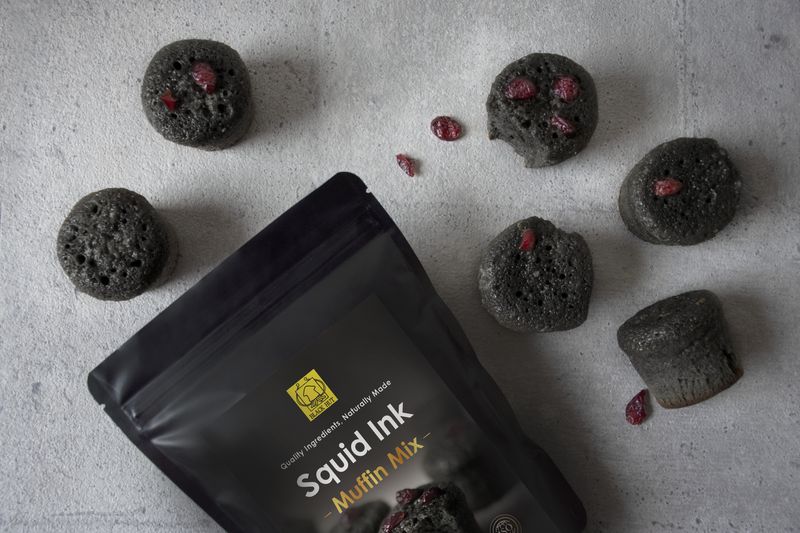 Squid ink muffin mix in private label packaging